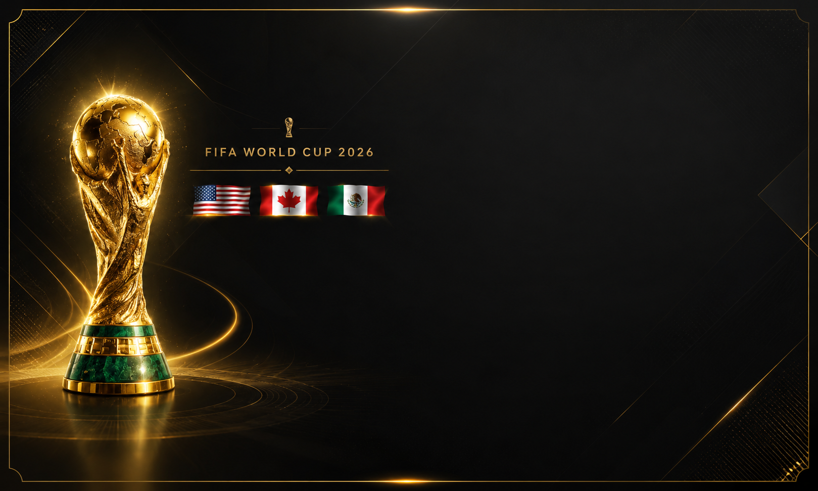 FIFA World Cup 2026 trophy with USA, Canada, Mexico flags